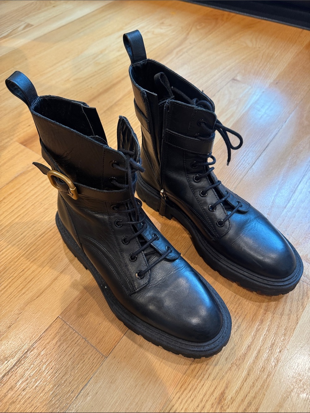 Zara Black Leather Buckle Combat Boots